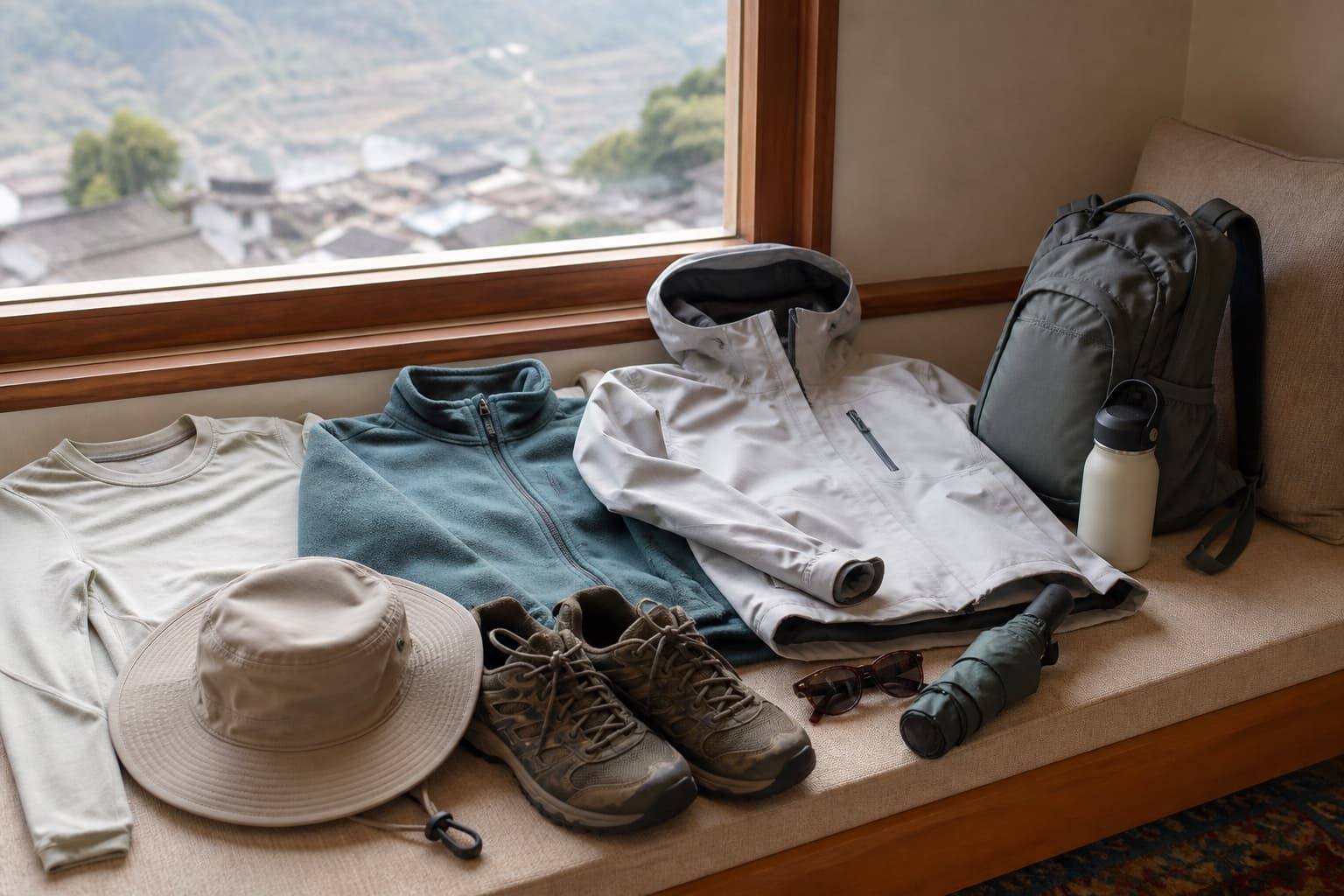 Layered clothing and rain protection prepared for a Yunnan journey