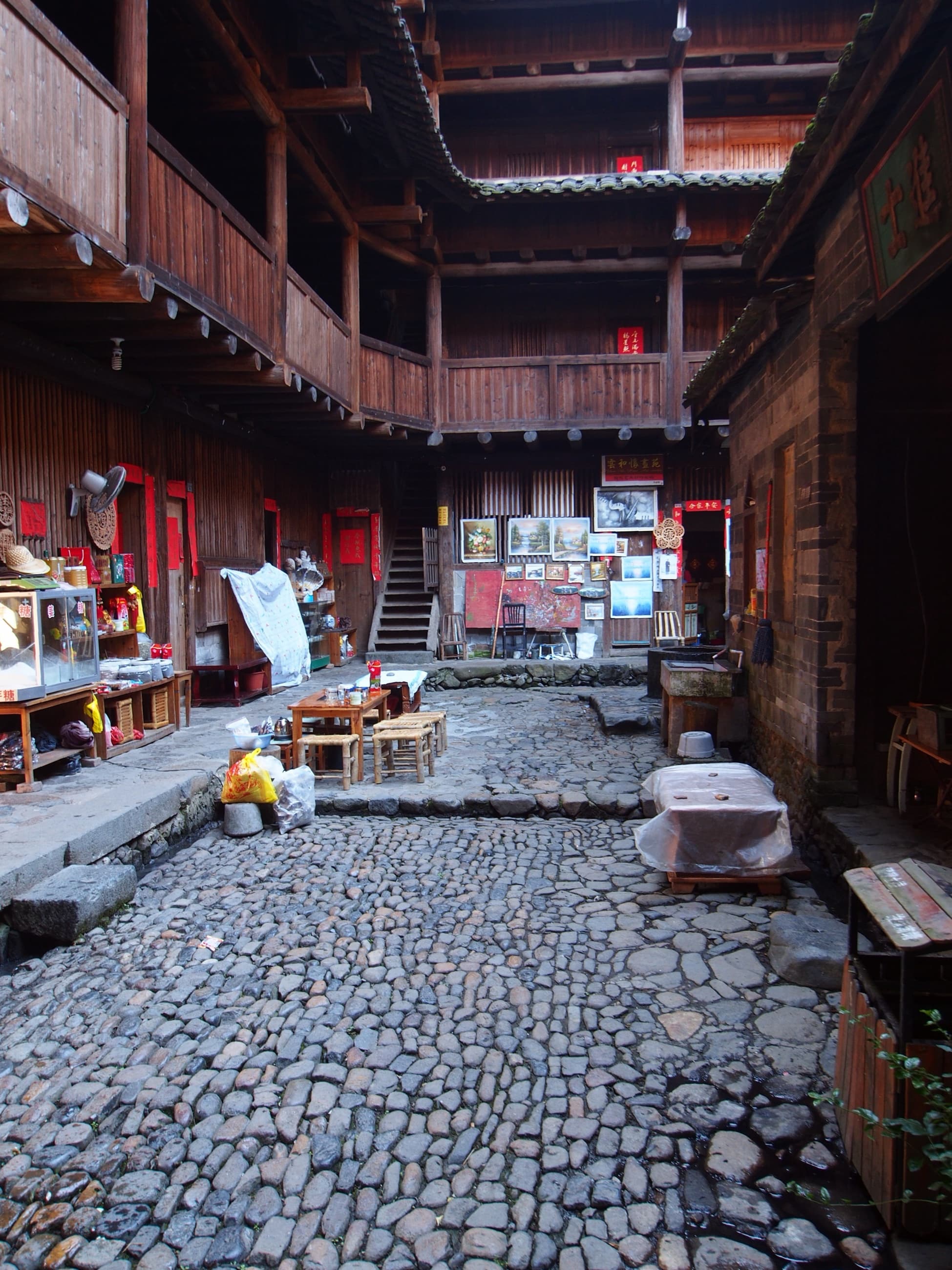 Timber galleries and stairs inside Jiqing Lou