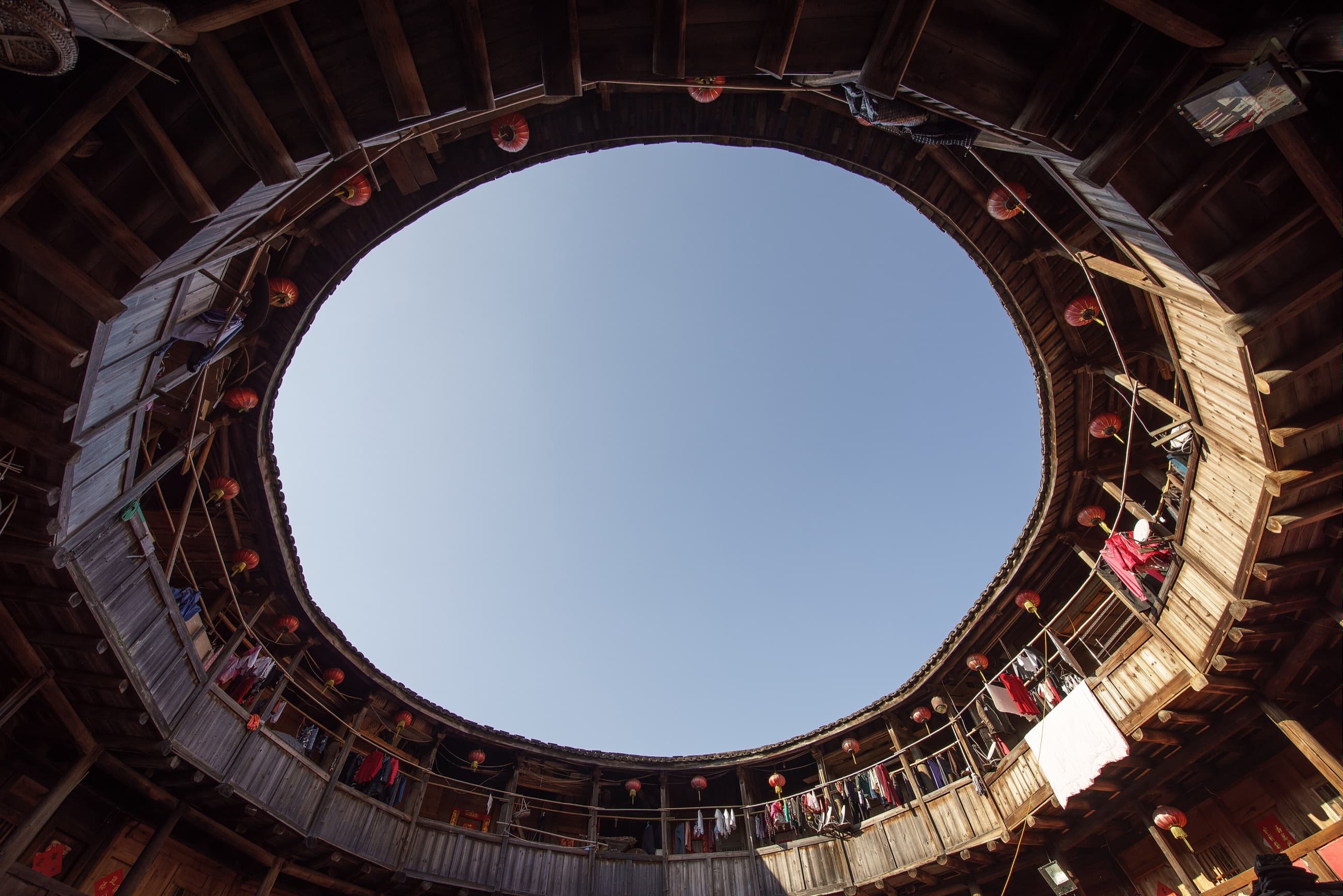 View upward through the open centre of a Fujian tulou