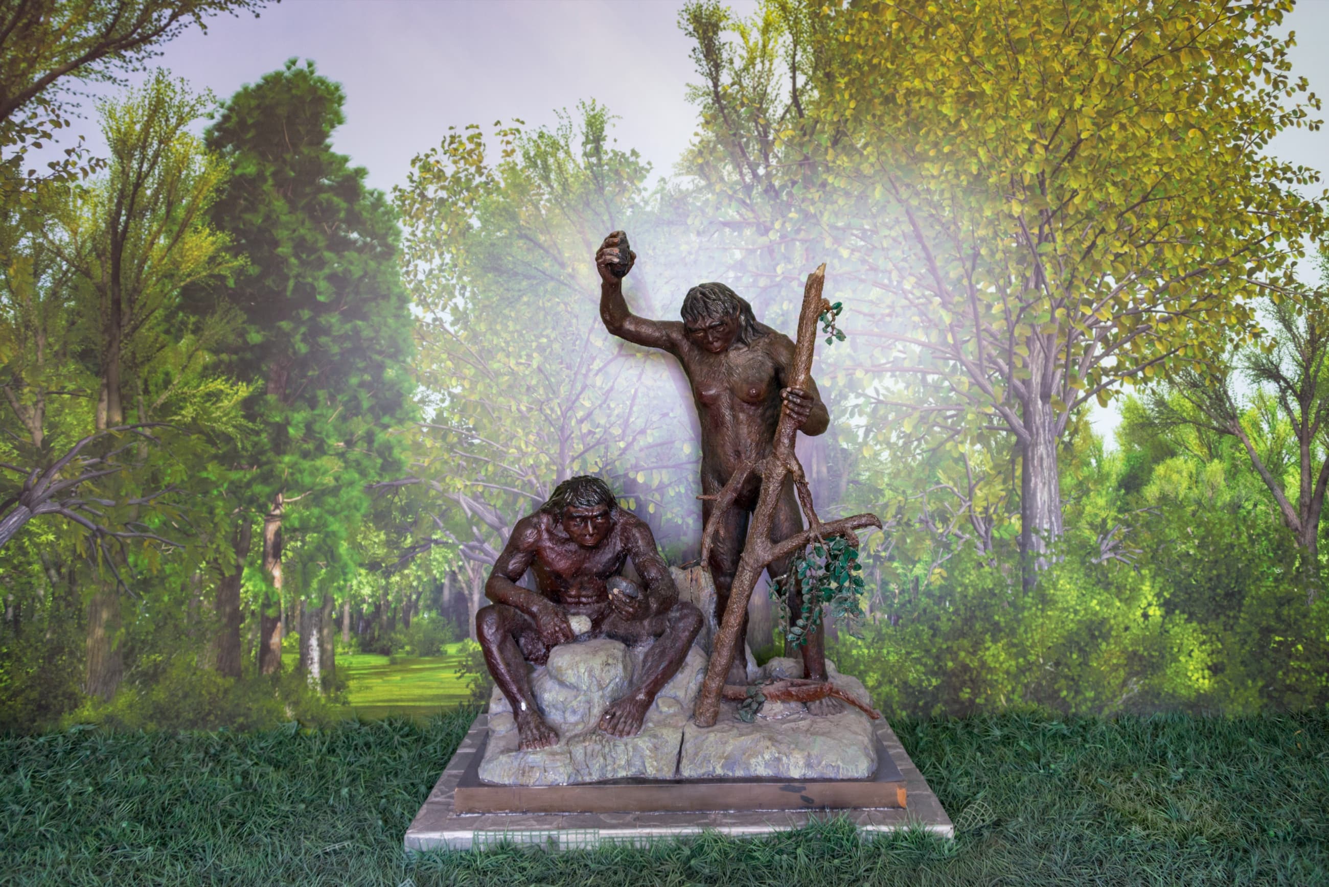 Modern interpretive sculpture of Peking Man at the Zhoukoudian site