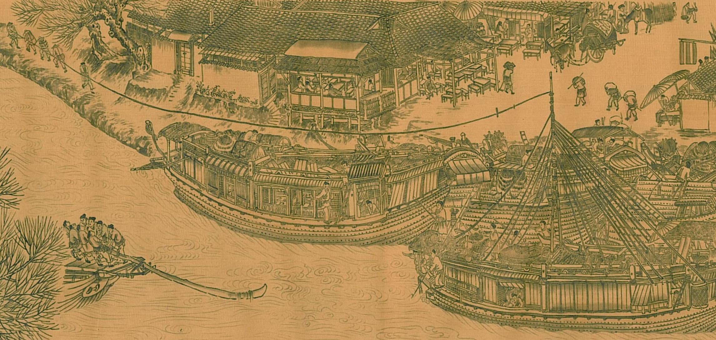 Boatmen hauling a vessel along the river in Zhang Zeduan's handscroll