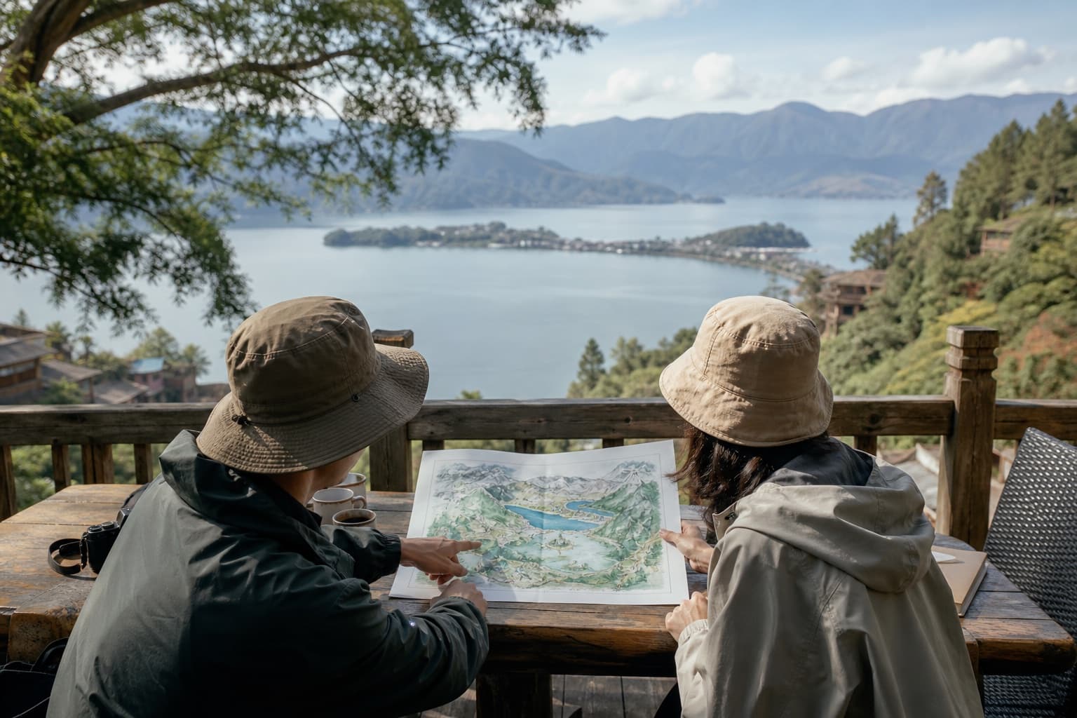 Travelers studying a Yunnan route beside a mountain lake