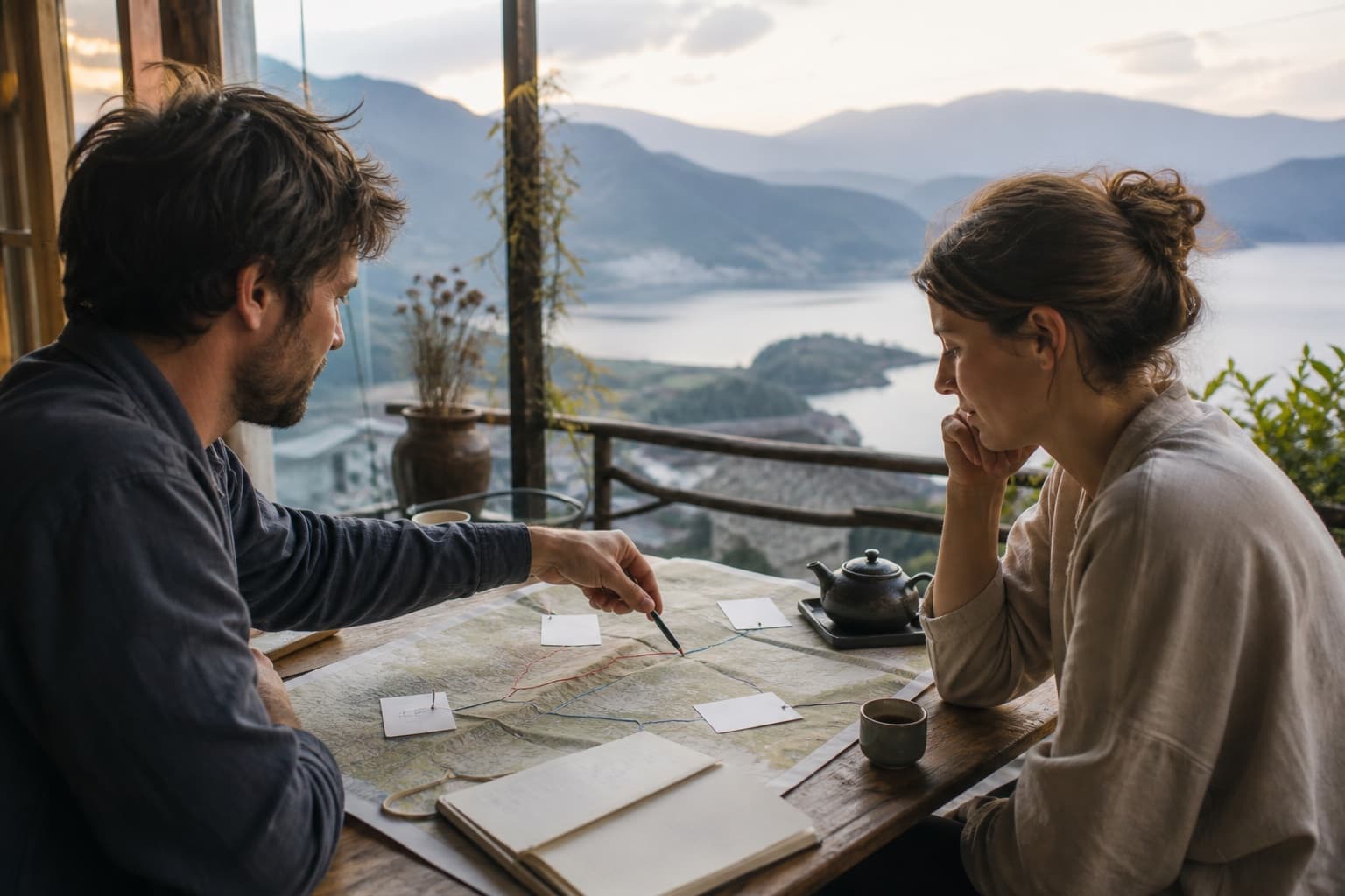Travelers comparing transfer times and overnight bases on a Yunnan map