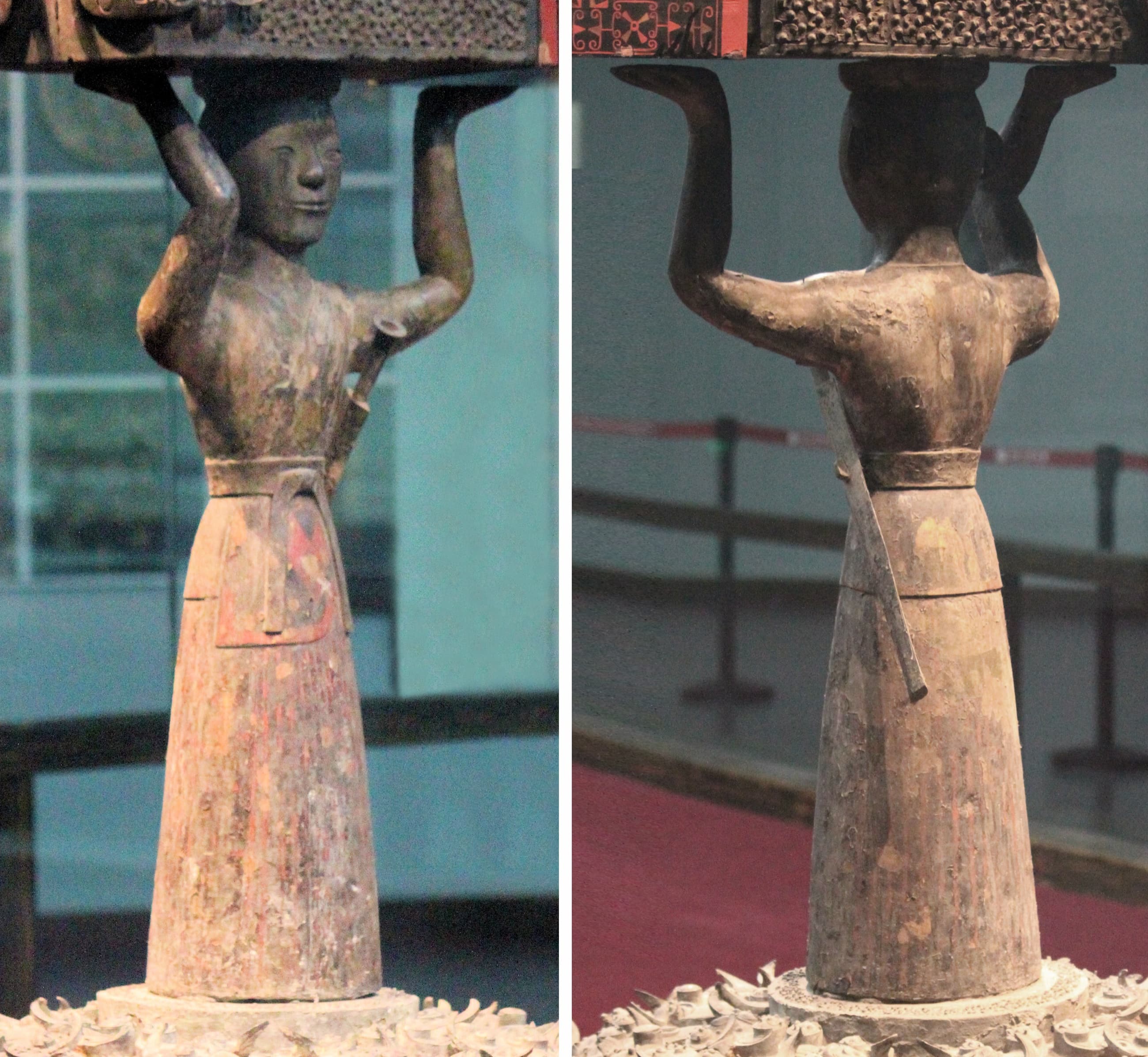 Bronze supporting figure shown from front and back