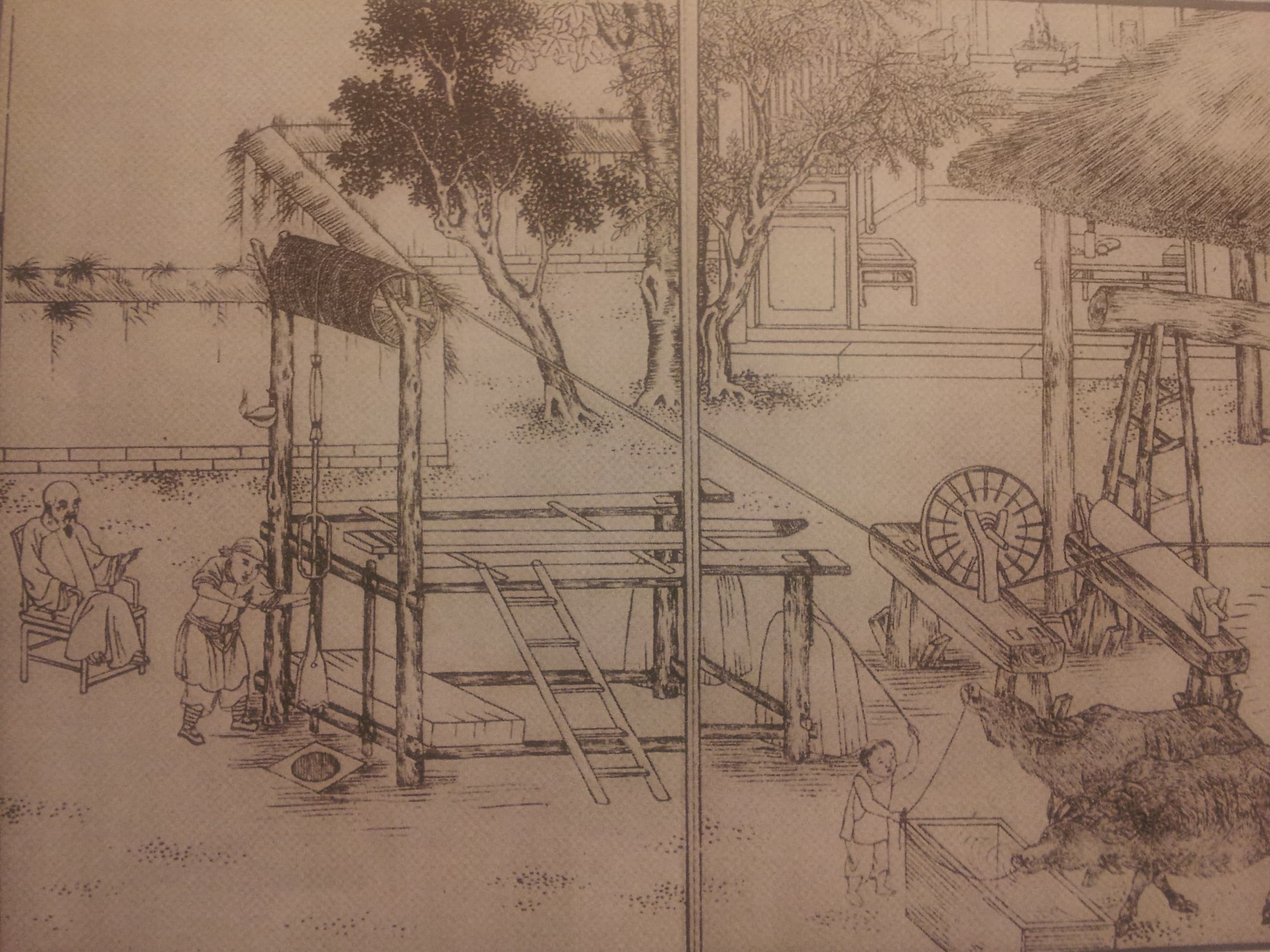 Historical illustration of drilling a well