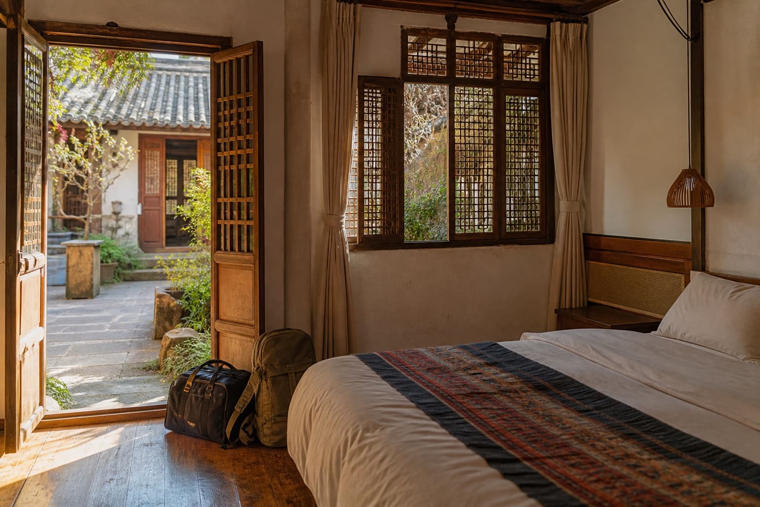 Warm guest room opening onto a traditional courtyard