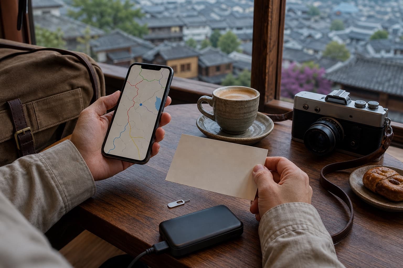 Traveler preparing an offline map and hotel address card