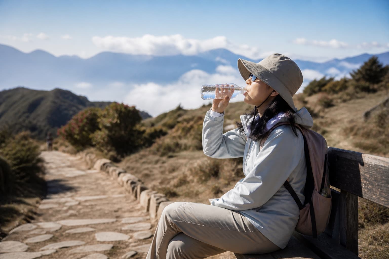 Traveler hydrating and resting on a highland trail