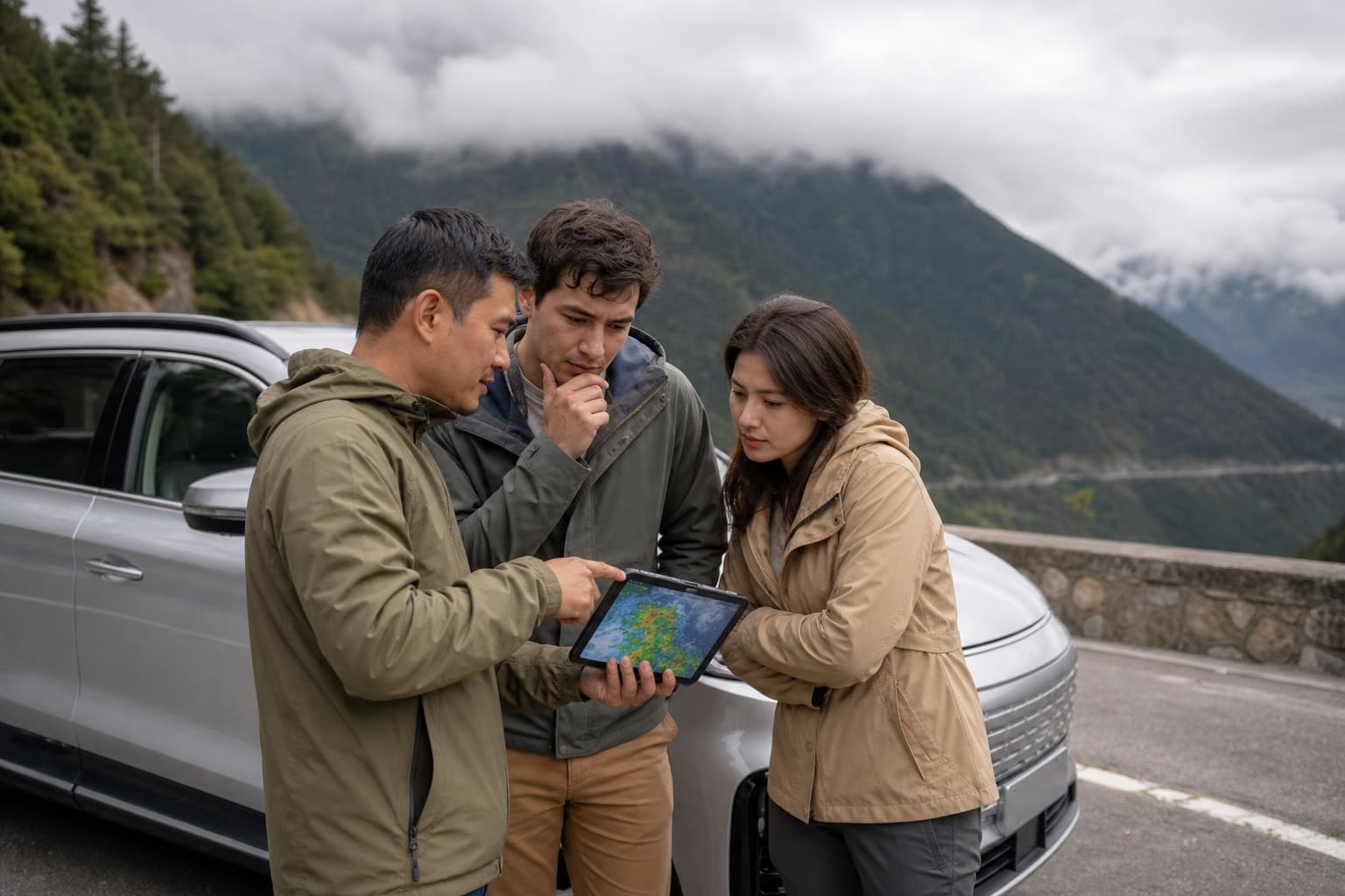Travelers checking a weather warning before a mountain-road journey