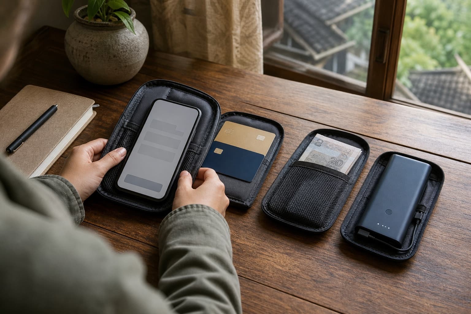 Traveler separating phone, card, and cash backups for a rural journey