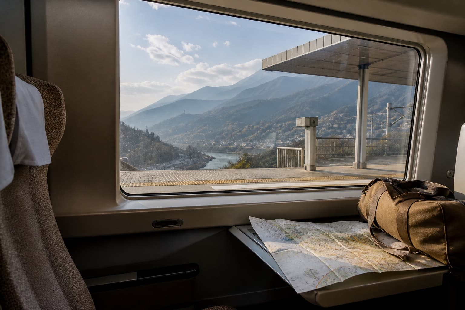 Mountain route seen from a modern passenger train