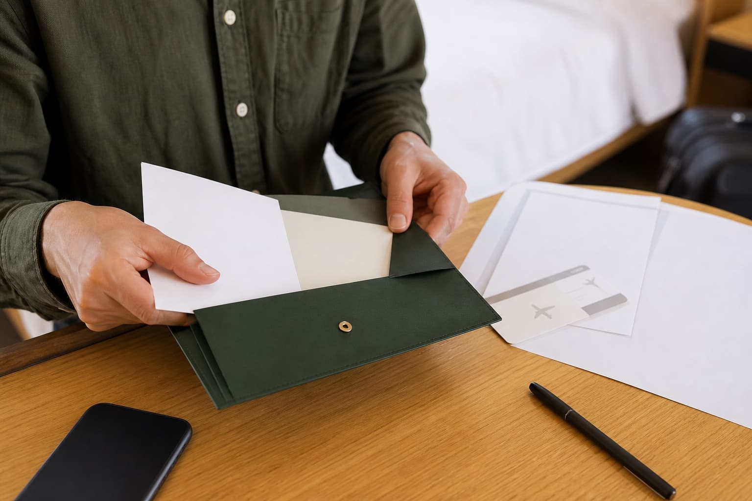 Traveler organizing passport and journey documents